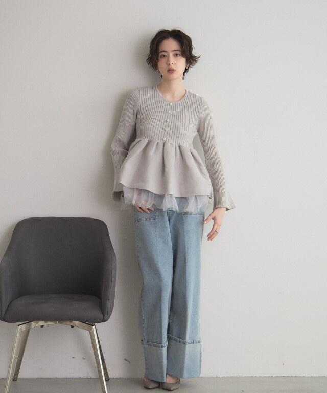 rienda チュールレイヤードペプラムニットトップス 春服 rienda | チュールレイヤードペプラムニットトップス (ニット ) |SHEL