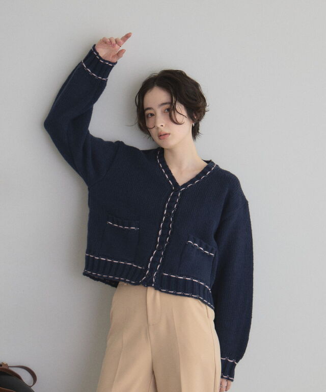 な*つ様 極美品 cen. ステッチショートジャケット ネイビー WEB限定】ショートステッチニット