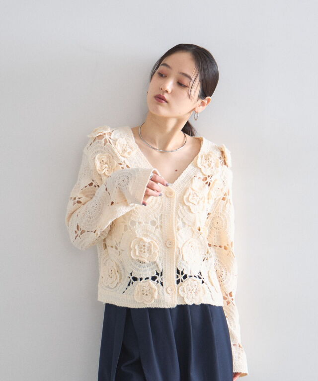 miumiu 花　透かし編み　カーディガン 透かし編みフラワーモチーフニットカーデ｜DOUBLE NAME ダブルネーム