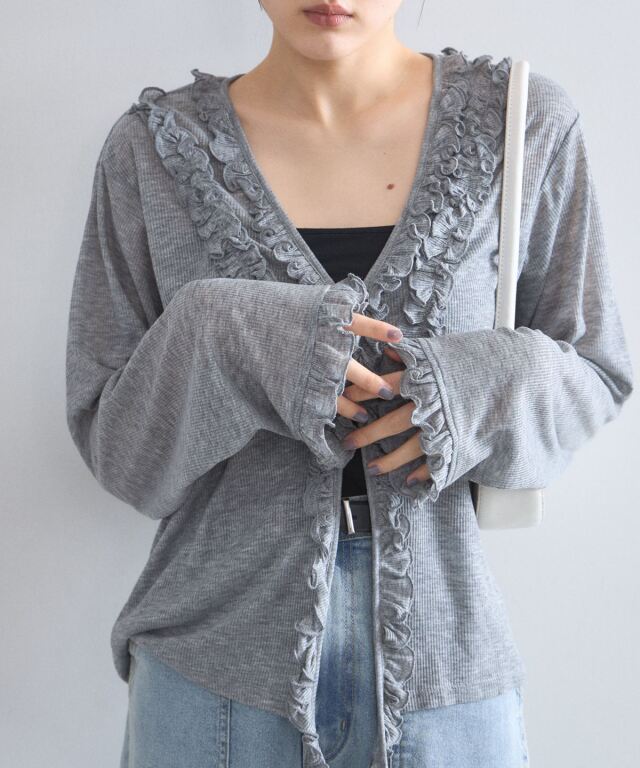 M’S GRACY フリル付　リブ　カーディガン40サイズ 中古・古着通販】M'S GRACY (エムズグレイシー) フリルカーディガン