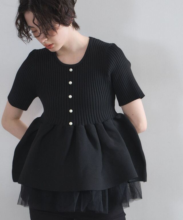 【入荷リクエスト受付中☆】パール付きチュールレイヤードペプラムニット(半袖)
