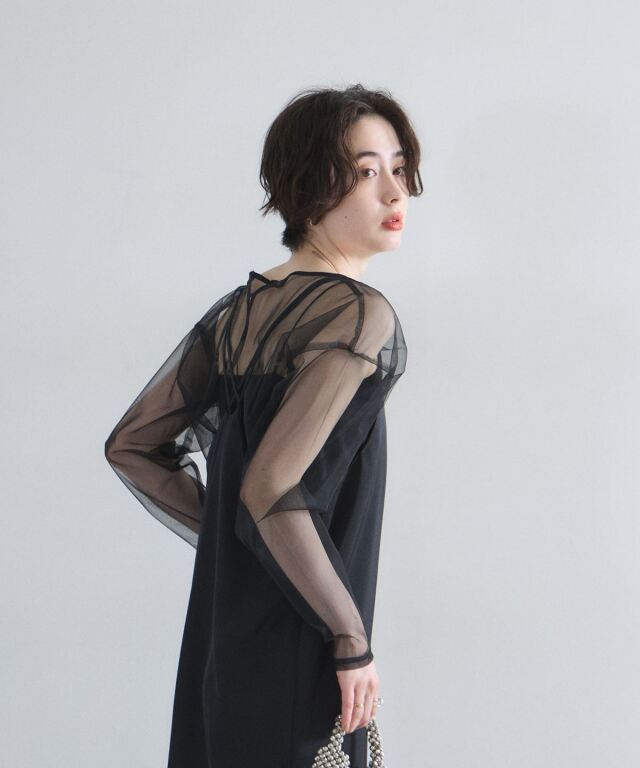 ちょちょん様モカキャミワンピ、エプロン、黒チュールシアートップス Maison Calme ワンピース 「26年春夏新作」チュールビスチェ×シアー