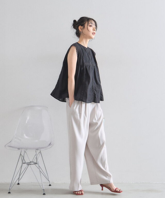 Rideaux en lin/ コットンレース×ピンタックブラウス レース×ピンタックコットンブラウス