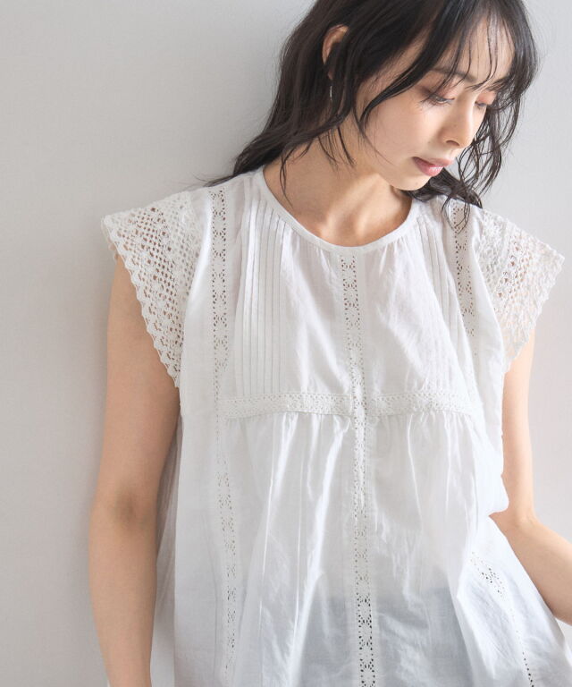 Rideaux en lin/ コットンレース×ピンタックブラウス レース×ピンタックコットンブラウス