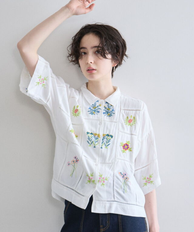 mame ボタニカルフラワーシャツ　刺繍シャツ Narrenschiff:Mame Kurogouchiのボタニカル刺繍開襟シャツ