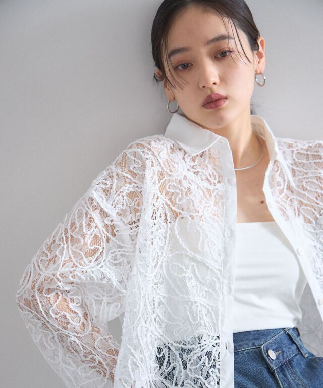 【新品☆タグ付き】yori レースオーバーサイズシャツ ホワイト yori ヨリ 25AW YR21-25144AW ホワイト ポリエステル×レーヨン