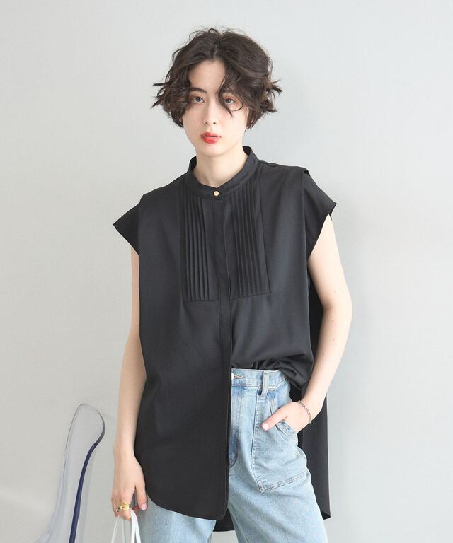 A16565 美品 Y's 12ss バイカラーピンタックブザムシャツ 黒白 1 オフィシャルサイト限定】ピンタックブザムバンドカラーシャツ