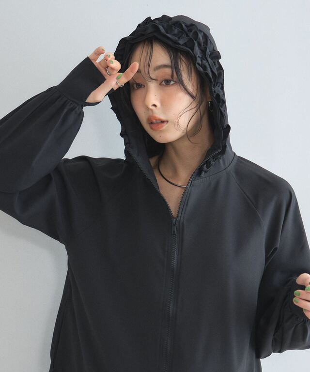 接触冷感・速乾・UVカット・耐塩素・耐水性】フリルフードラッシュガード