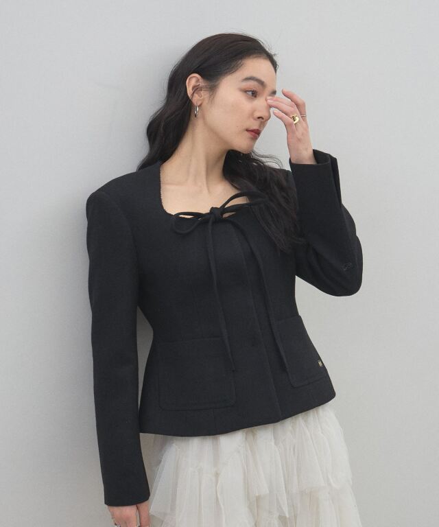 Nodress ジャケット　黒　ブラック　スクエアネック オフィシャルサイト限定】スクエアネックウールジャケット