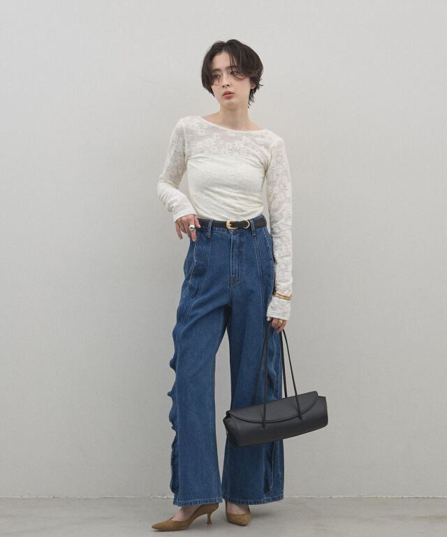 デニムリメイク★胸元ふわふわフリルトップス♡ オフィシャルサイト限定】ラッフルフリルデザインデニム