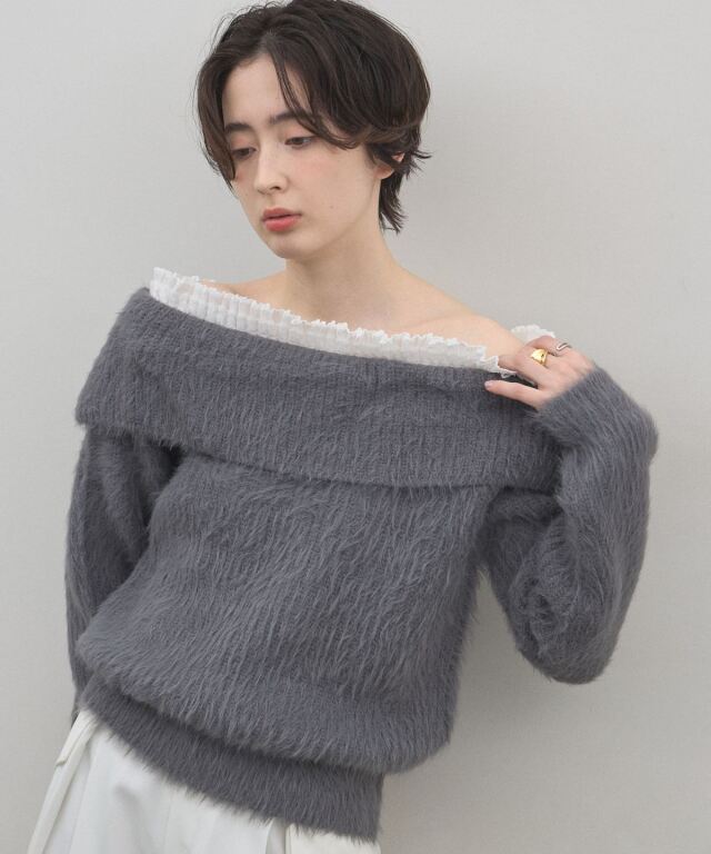 【オフィシャルサイト限定】レース×シャギーオフショルニット