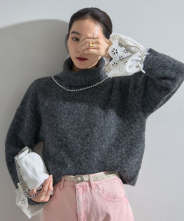 BLUGIRL♥レースハイネック　ニットカットソー レース付ハイネックリブニットトップス[品番：GERW0000010]｜GeeRA