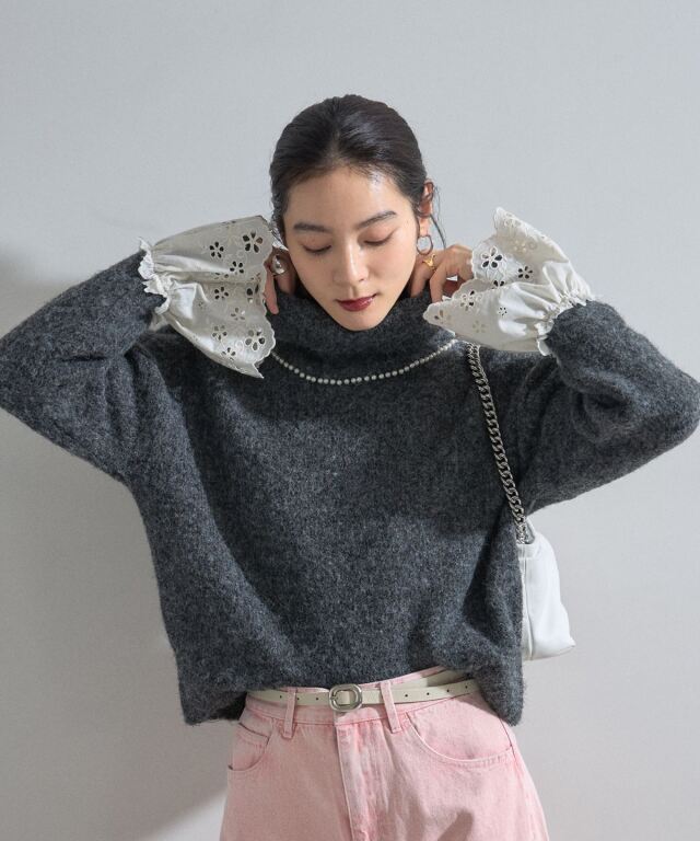 美品　グレースコンチネンタル　ニット　レース　ハイネック　ダイアグラム　ブラック レースドルマンニットトップ / GRACE CONTINENTAL | GRACE CONTINENTAL