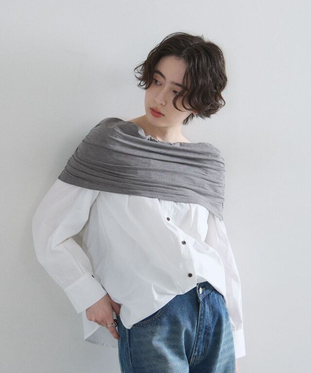 定価13620 オフショルダー　クロップドシャツ オフィシャルサイト限定】シャツドッキングオフショルダートップス