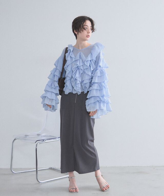 eimy  ラッフルパフシアーギンガムブラウス 新品】eimy istoire ラッフルパフシアーギンガムチェックブラウス