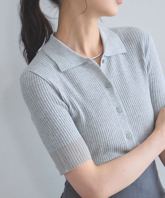 メタリックシアーアクセントニットポロカーデ