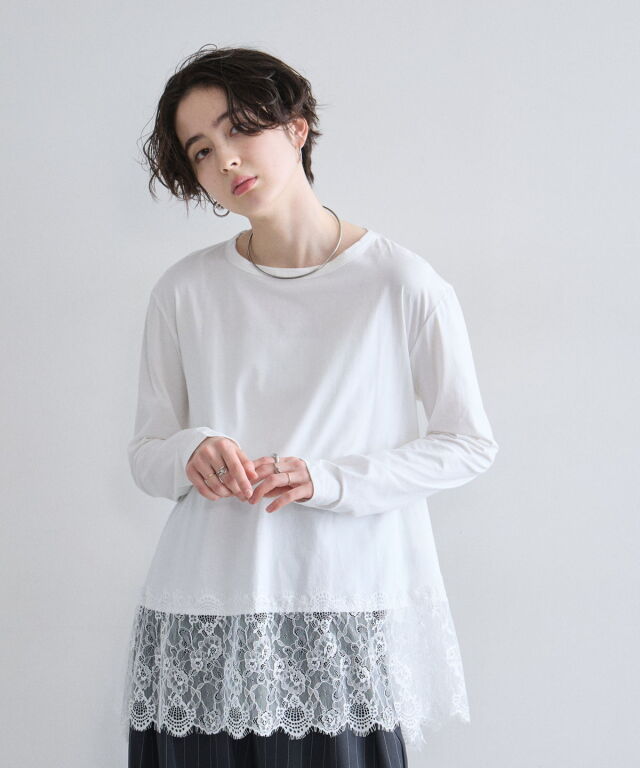 裾レース長袖Tシャツ