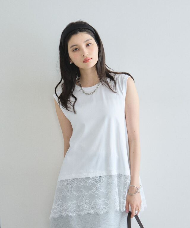 裾レースイレヘムノースリTシャツ