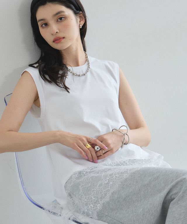 裾レースイレヘムノースリTシャツ