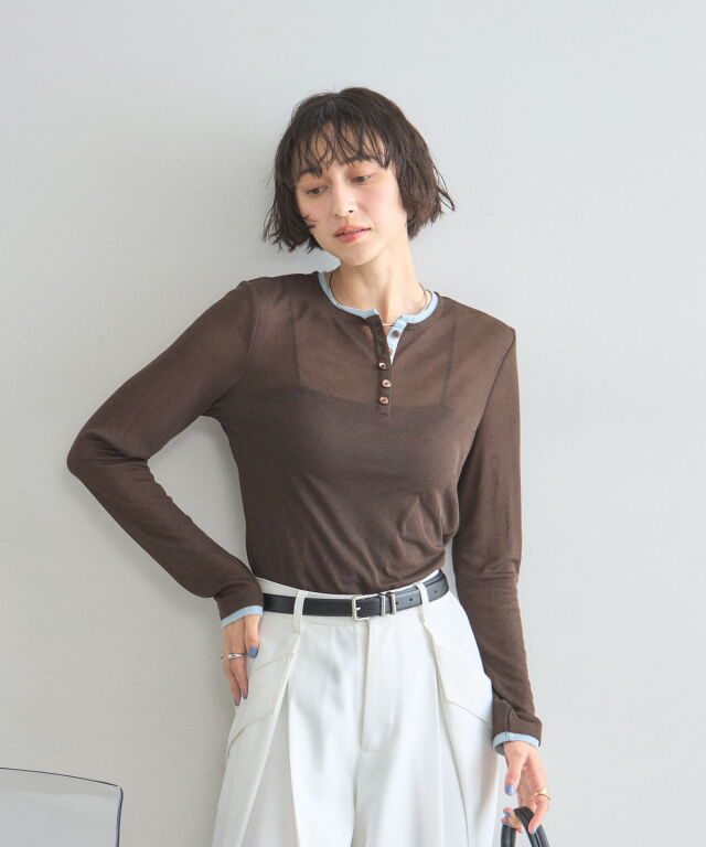 配色ヘンリーネックシアートップス