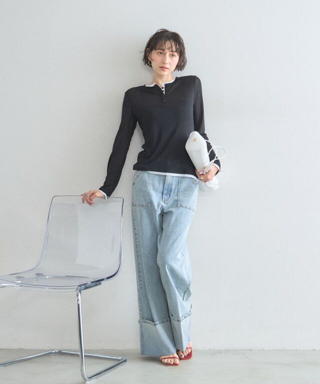 配色ヘンリーネックシアートップス