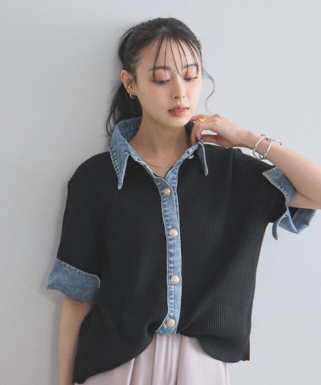 オフィシャルサイト限定】配色デニム半袖リブトップス
