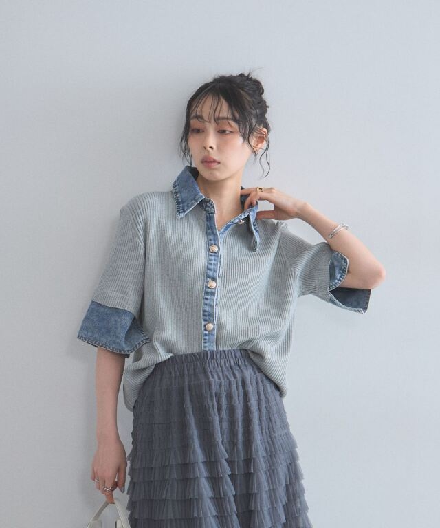 オフィシャルサイト限定】配色デニム半袖リブトップス