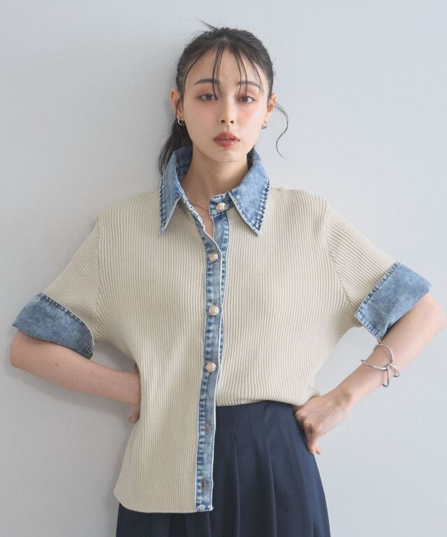オフィシャルサイト限定】配色デニム半袖リブトップス