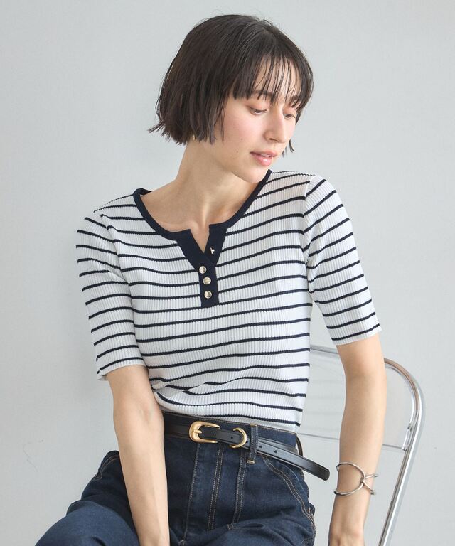 奏思ページ ヘンリーネックリブトップス