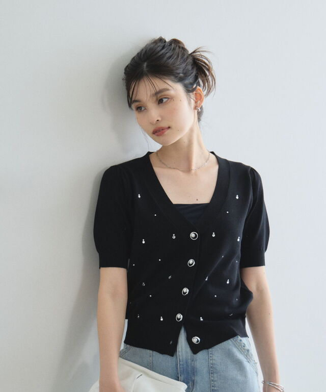ラインストーン付きVネックカーディガン