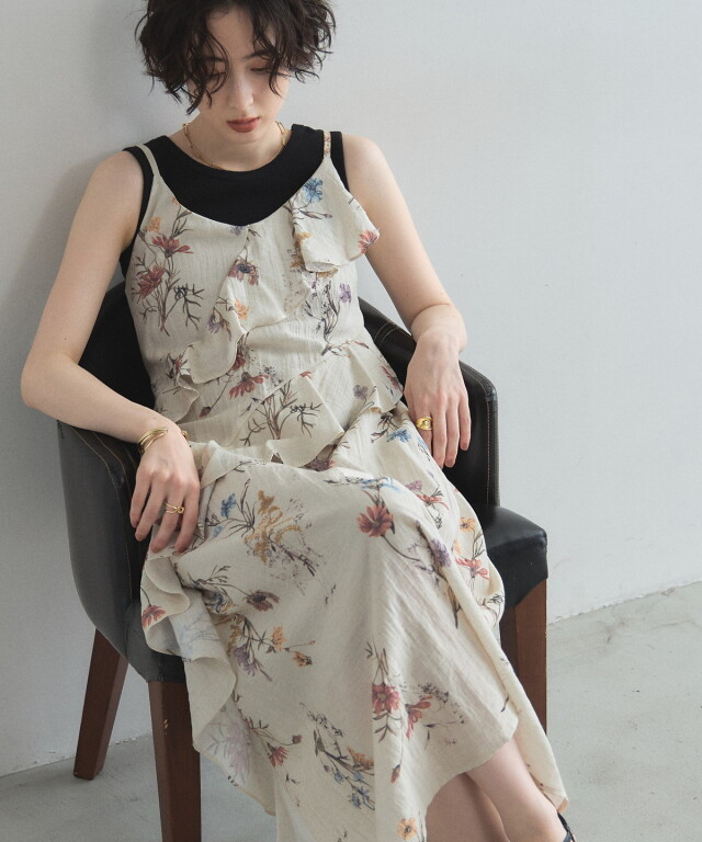 フリル付き花柄キャミワンピース グリーン　セルフポートレート オフィシャルサイト限定】フリルデザインフラワーキャミワンピース