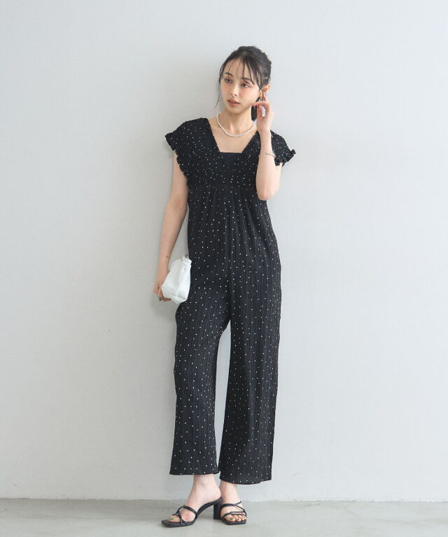 オフィシャルサイト限定】ドットジャガードシャーリングサロペット