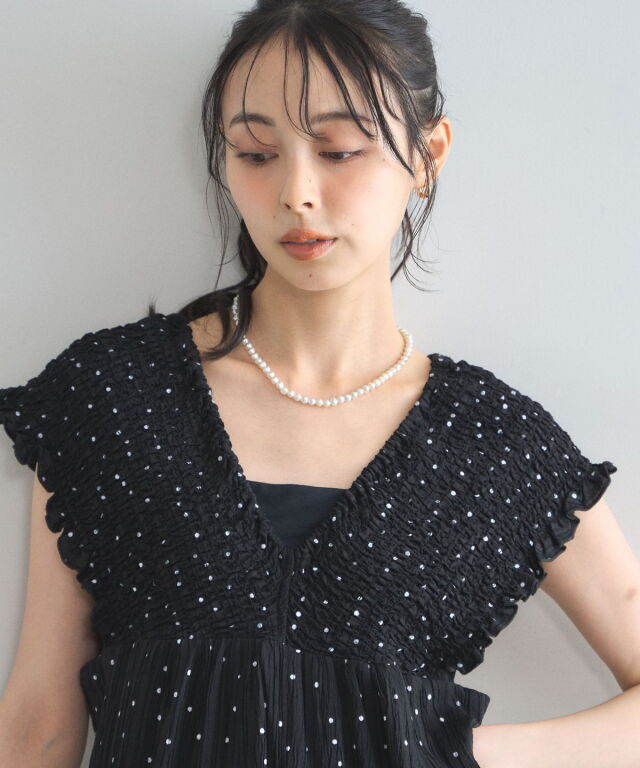 オフィシャルサイト限定】ドットジャガードシャーリングサロペット