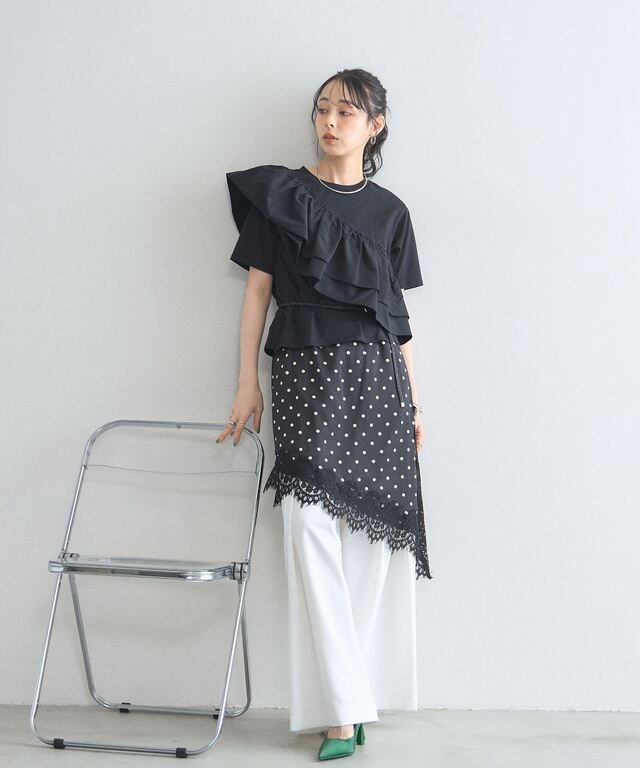 オフィシャルサイト限定】アシンメトリーレース付きドットスカート