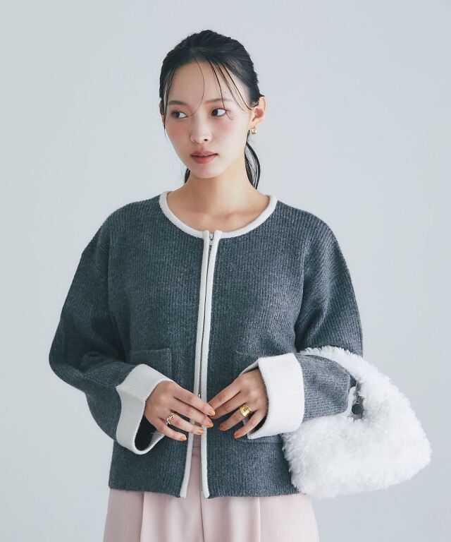 ダブルZIP配色ニットジャケット