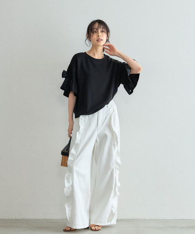 yori 洗える バックリボン フリルプルオーバー 半袖 白 綿混 ゆったり F オフィシャルサイト限定】袖リボンプルオーバー