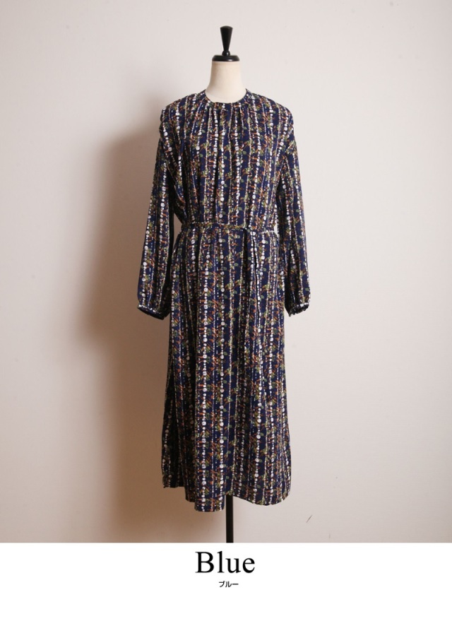 ミックスパターンギャザーワンピース