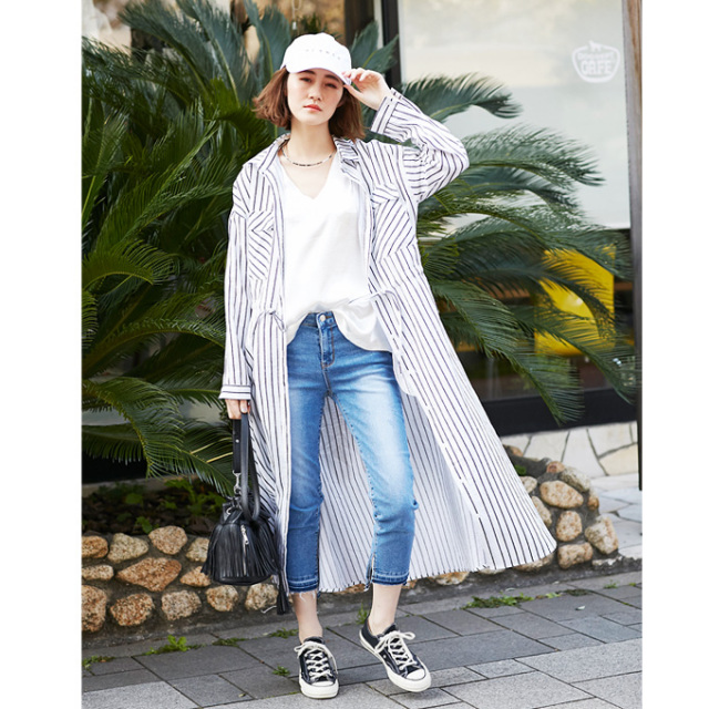 Stripe Long Shirt One Piece レディース ストライプ ロングシャツ ワンピース