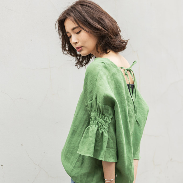 Back Ribbon Flare Sleeve Tops レディース バックリボン リネン トップス