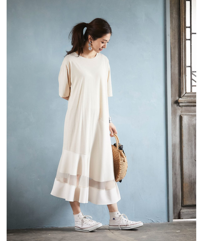 裾チュール切替カットワンピース
