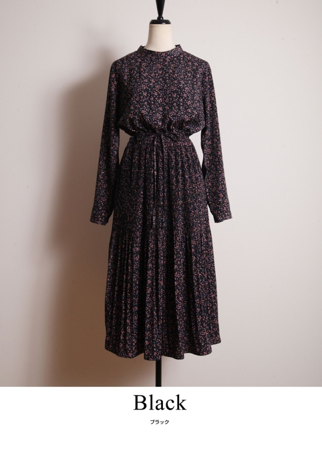 Web限定 花柄スタンドカラープリーツワンピース