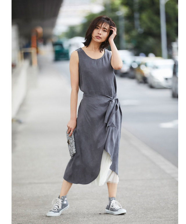 fictiontokyo スナップスリットワンピース Almond Gray スナップスリットワンピース / Metal Snaps Slit One-Piece | FI