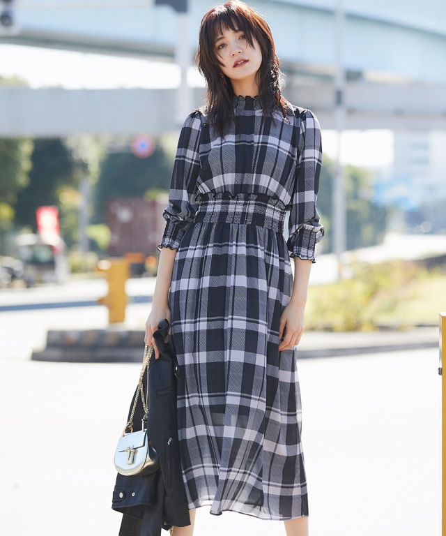 再値下げ チェックスタンドカラーワンピース