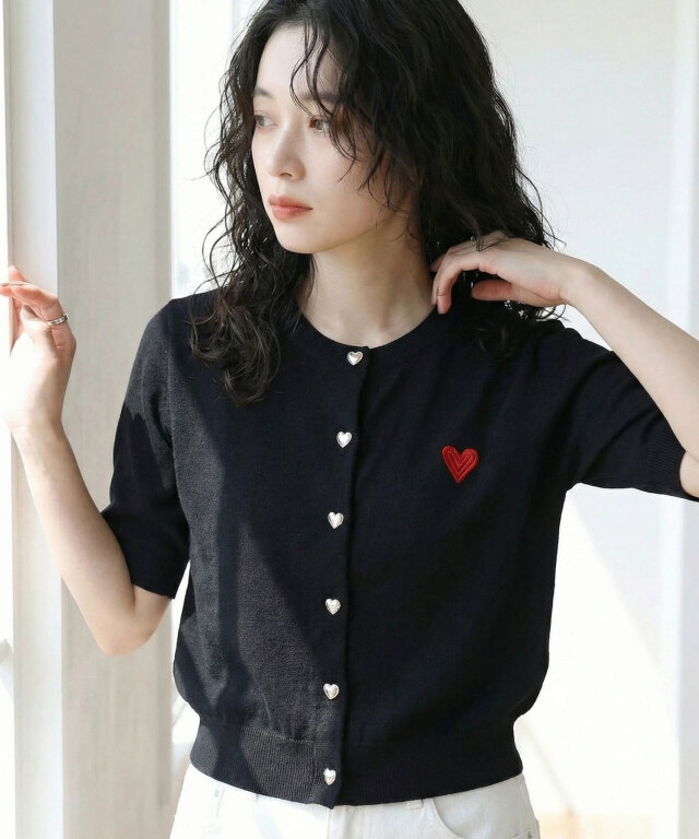 ブラック ハート刺繍 カーディガン ハート刺繍カーディガン