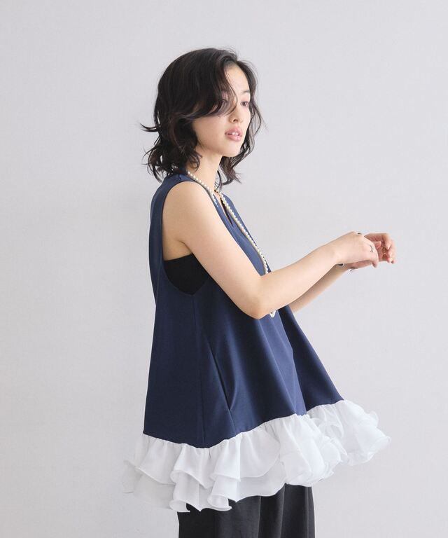 裾シフォンフリルドッキングトップス