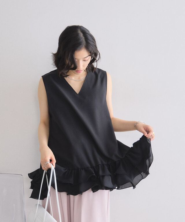 裾シフォンフリルドッキングトップス