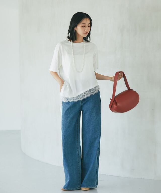 裾レース半袖Tシャツ