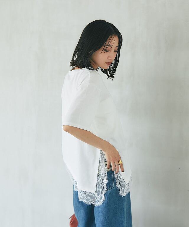 【新品】MAHAL コットン レース　半袖　シャツ ホワイト　白 裾レース半袖Tシャツ