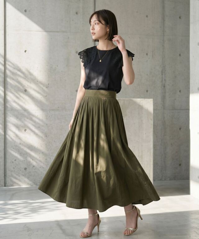 【UVストレッチ】シンプルタックフレアスカート 洗える/ストレッチ/UVカット】麻調ストレッチフレアスカート(ひざ丈 レディースウェア