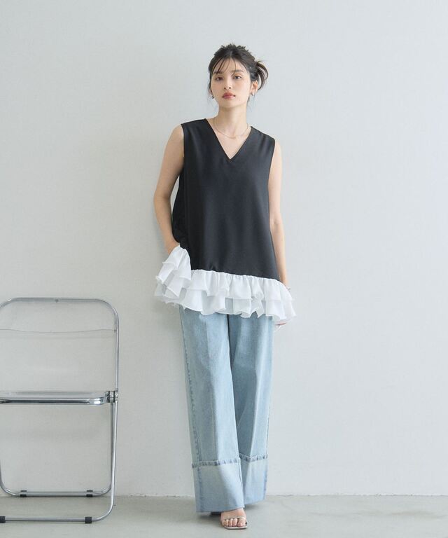 裾シフォンフリルドッキングトップス